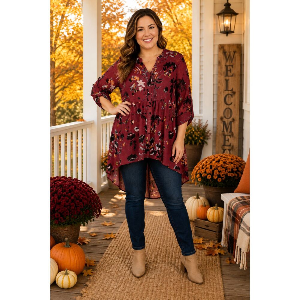 Masseys L Burgundy Floral High Low Sheer Metallic Roll Tab 3/4 Sleeve Blouse #17